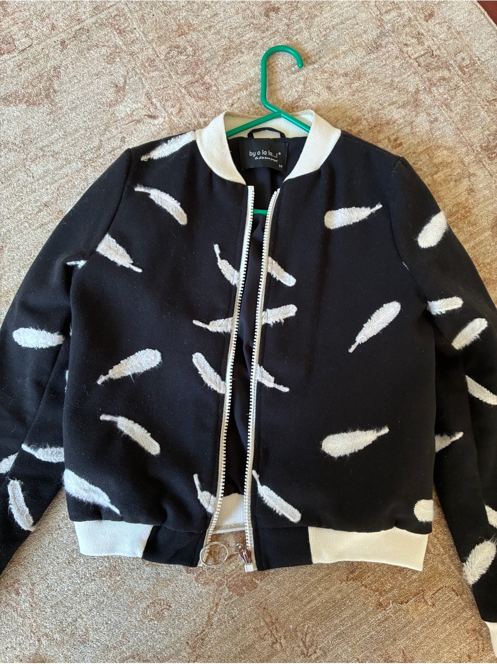 Black Feather-Print Bomber Jacket